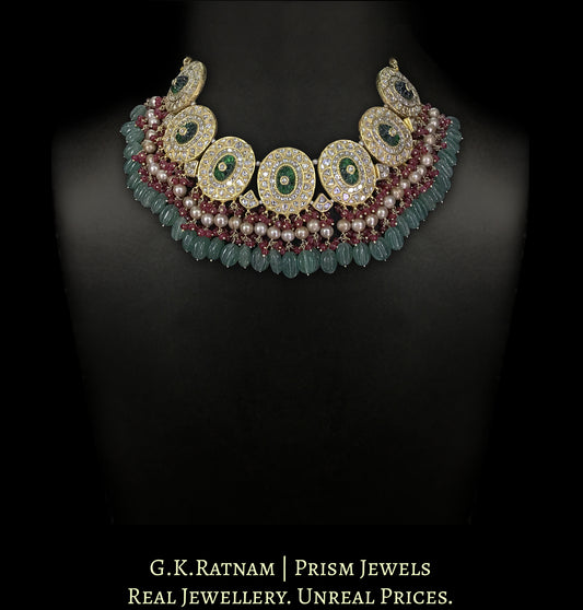 23k Gold and Diamond Polki Necklace with Antiqued Hyderabadi Pearls, Rubies and Green Strawberry Quartz - G. K. Ratnam
