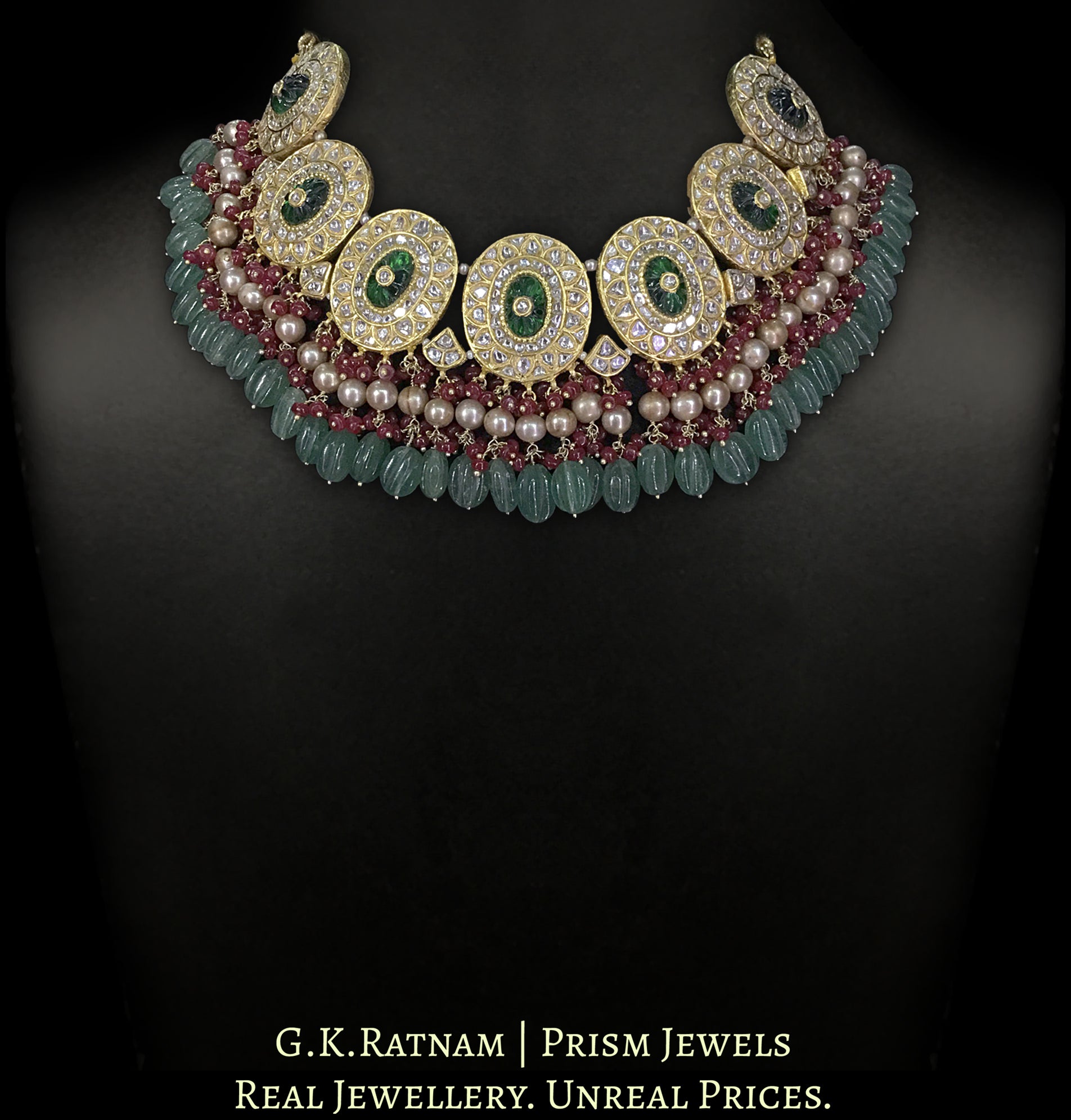 23k Gold and Diamond Polki Necklace with Antiqued Hyderabadi Pearls, Rubies and Green Strawberry Quartz