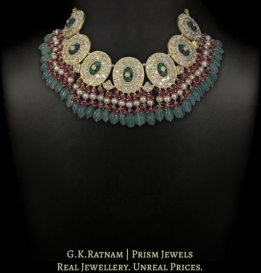 23k Gold and Diamond Polki Necklace with Antiqued Hyderabadi Pearls, Rubies and Green Strawberry Quartz - G. K. Ratnam