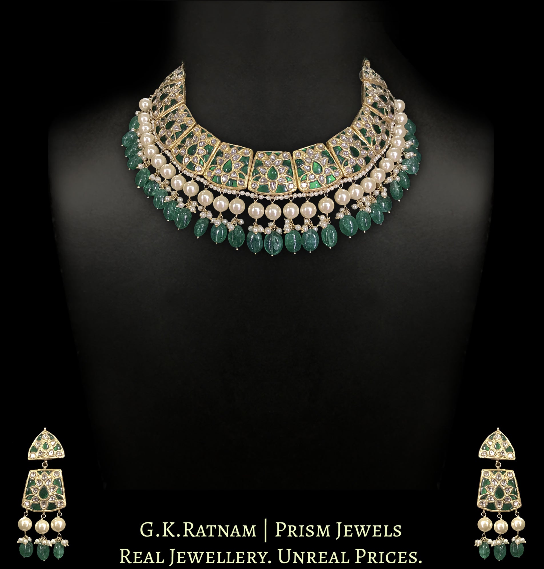23k Gold and Diamond Polki Necklace Set with emerald-grade stones embedded around uncut diamonds