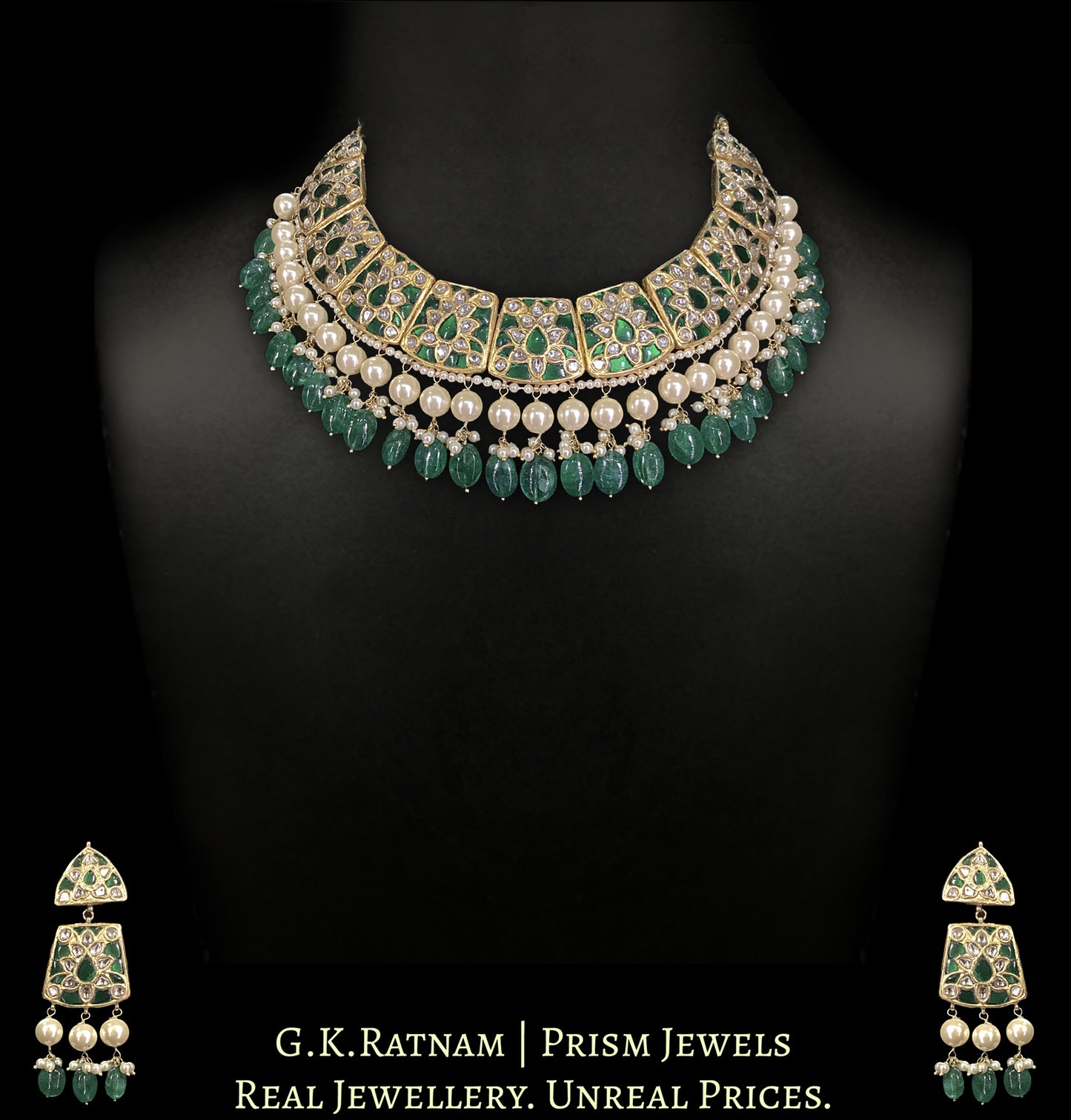 23k Gold and Diamond Polki Necklace Set with emerald-grade stones embedded around uncut diamonds