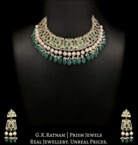 23k Gold and Diamond Polki Necklace Set with emerald-grade stones embedded around uncut diamonds