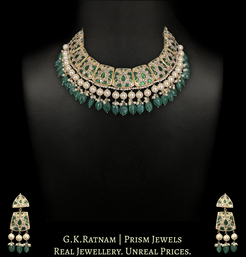 23k Gold and Diamond Polki Necklace Set with emerald-grade stones embedded around uncut diamonds