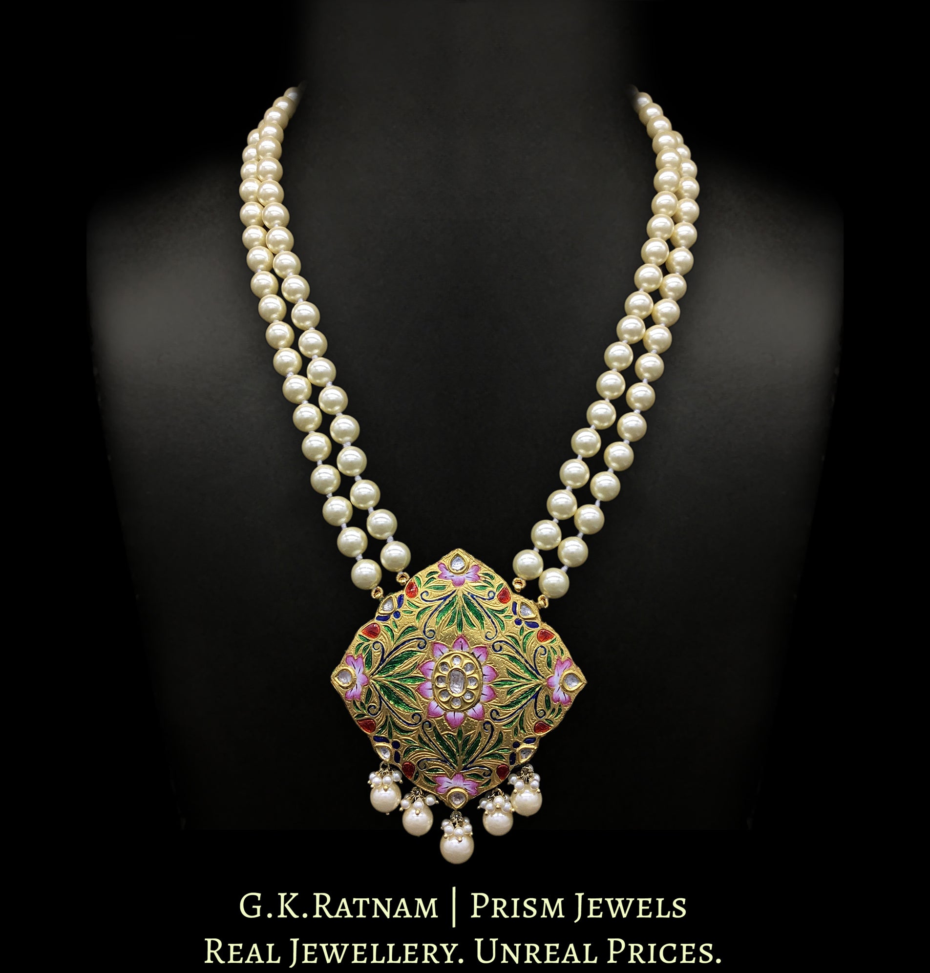 23k Gold and Diamond Polki multi-color designer Pendant with lustrous south-sea-like pearls