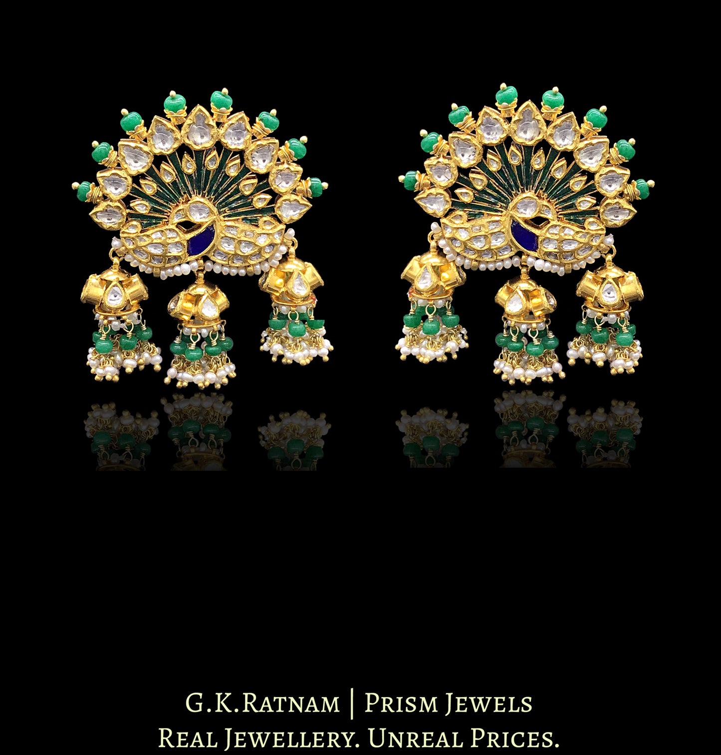 18k Gold and Diamond Polki Peacock Karanphool Earring Pair with small jhumkis strung in emerald-grade green beryls - G. K. Ratnam