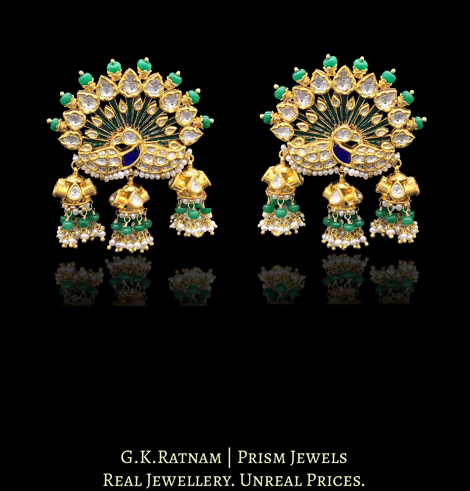 18k Gold and Diamond Polki Peacock Karanphool Earring Pair with small jhumkis strung in emerald-grade green beryls - G. K. Ratnam