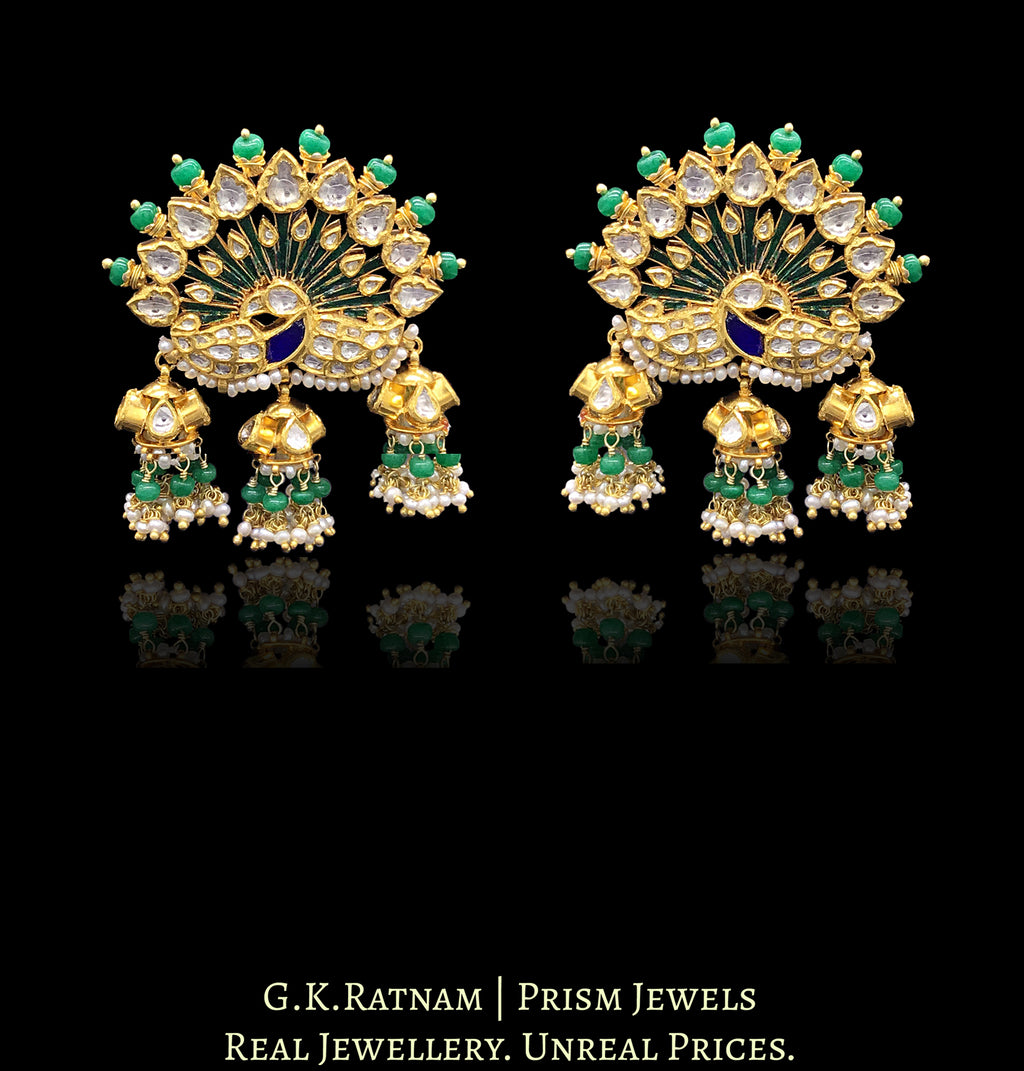 18k Gold and Diamond Polki Peacock Karanphool Earring Pair with small jhumkis strung in emerald-grade green beryls - G. K. Ratnam