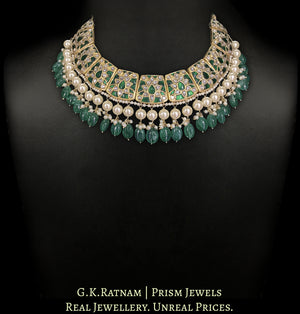 23k Gold and Diamond Polki Necklace Set with emerald-grade stones embedded around uncut diamonds