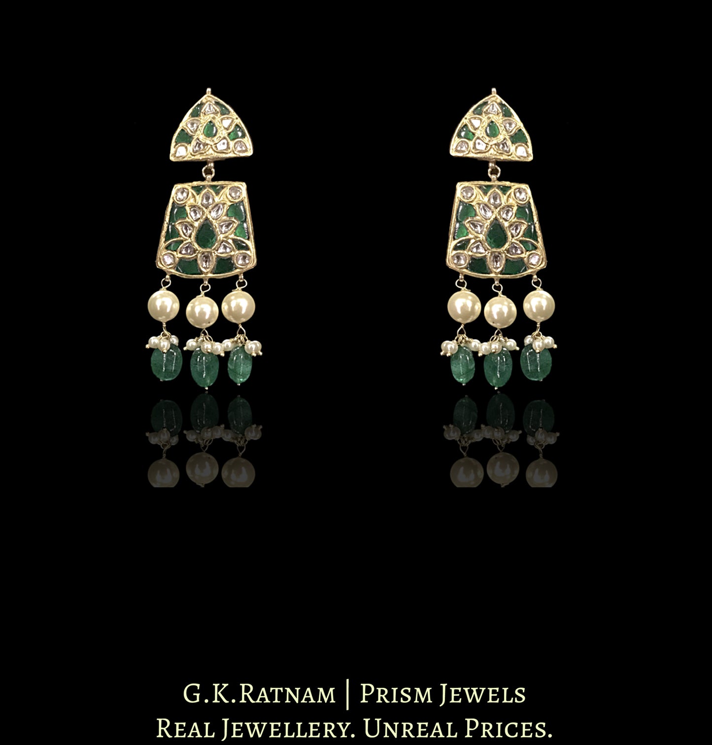 23k Gold and Diamond Polki Necklace Set with emerald-grade stones embedded around uncut diamonds