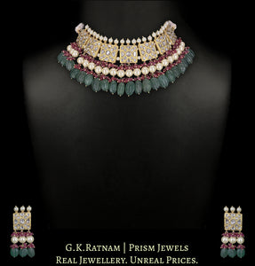23k Gold and Diamond Polki Choker Necklace Set with Green Strawberry Quartz, Rubies and Pearls