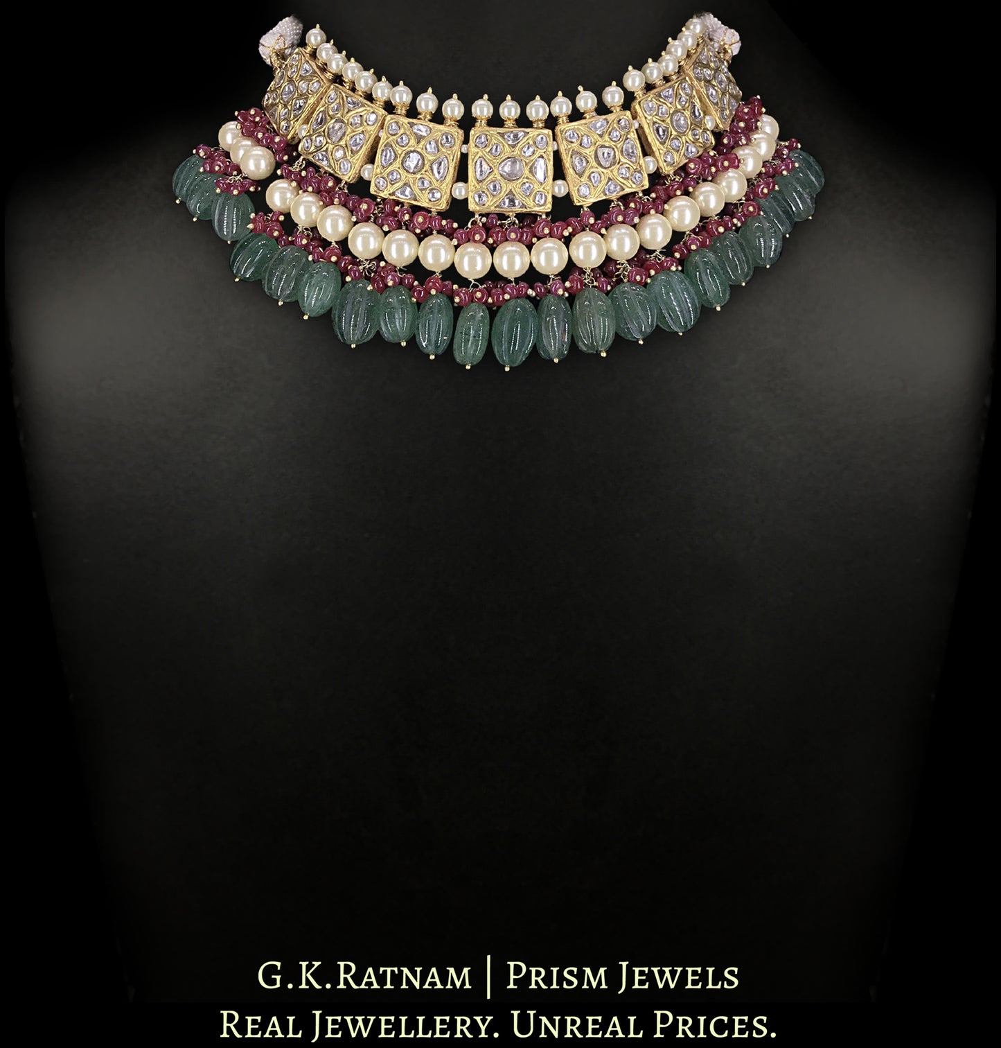 23k Gold and Diamond Polki Choker Necklace Set with Green Strawberry Quartz, Rubies and Pearls