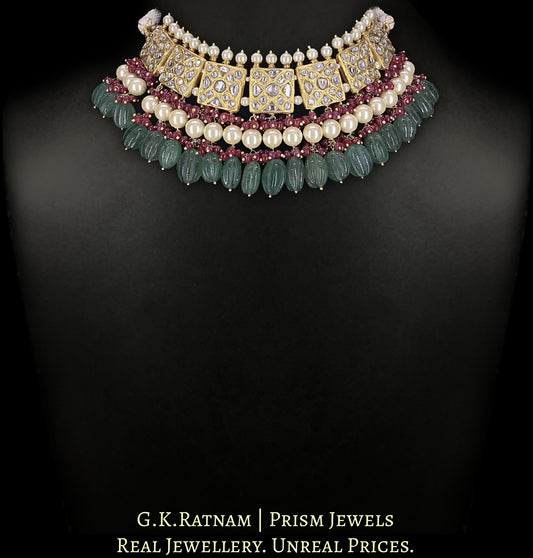23k Gold and Diamond Polki Choker Necklace Set with Green Strawberry Quartz, Rubies and Pearls