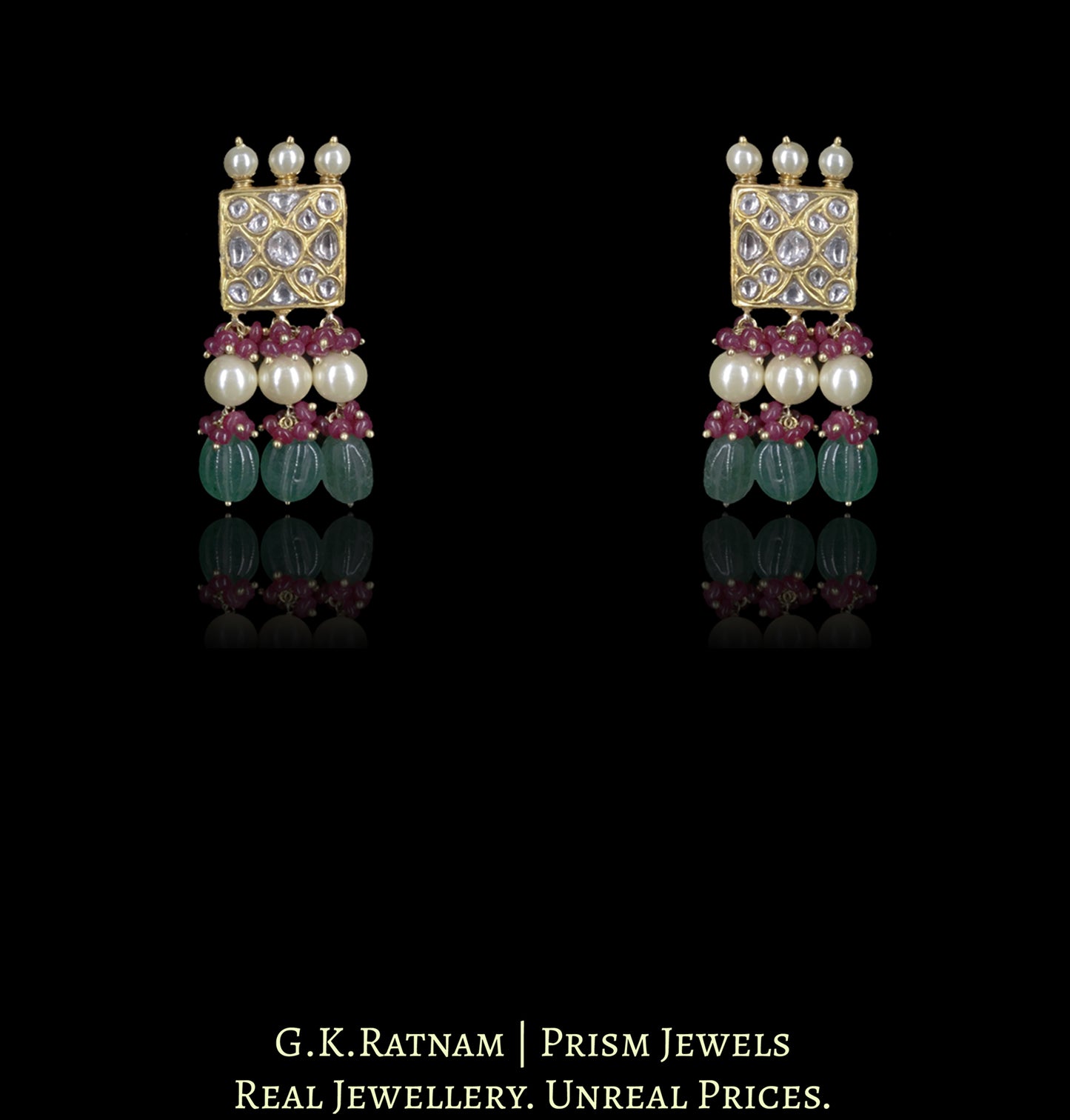 23k Gold and Diamond Polki Choker Necklace Set with Green Strawberry Quartz, Rubies and Pearls