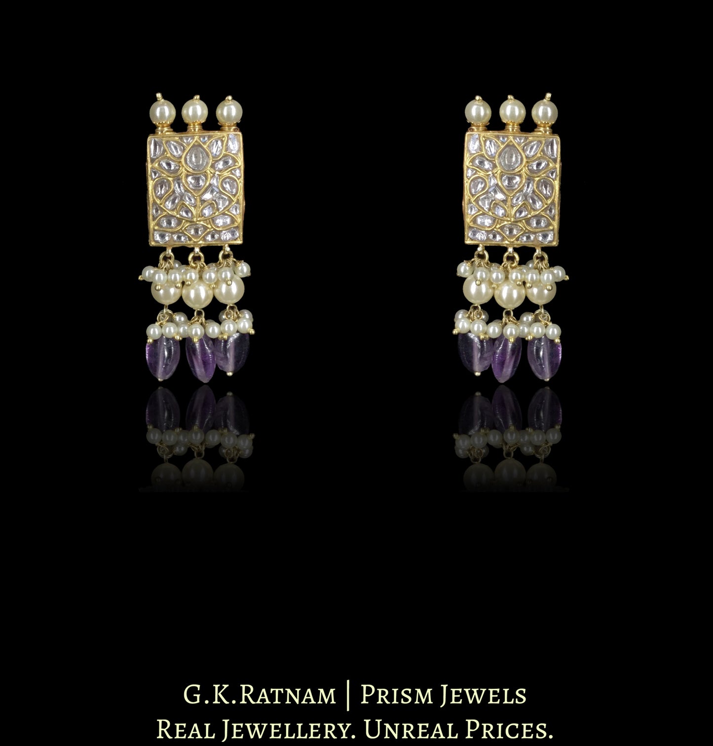 23k Gold and Diamond Polki Choker Necklace Set with Amethysts and Pearls