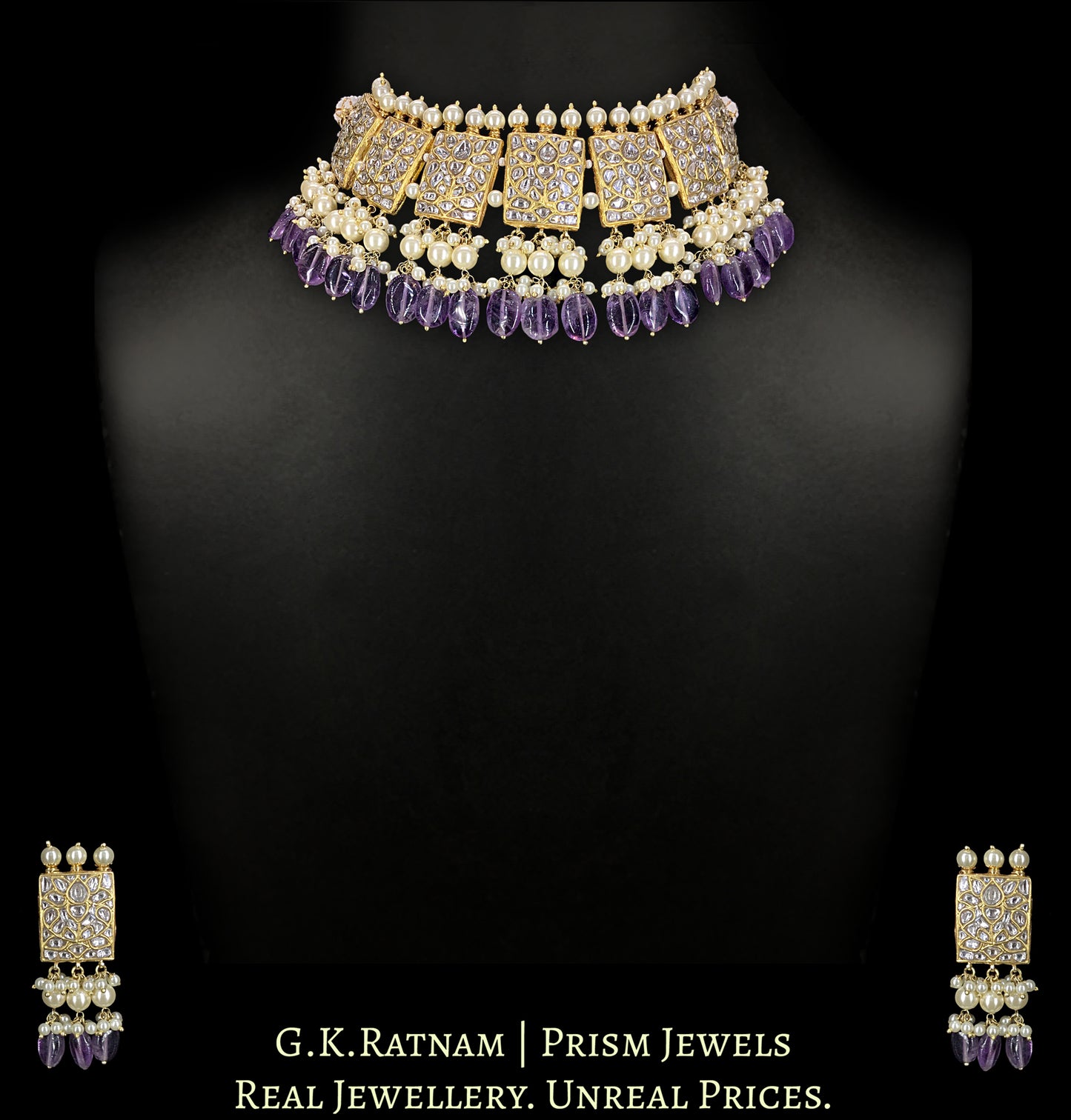 23k Gold and Diamond Polki Choker Necklace Set with Amethysts and Pearls
