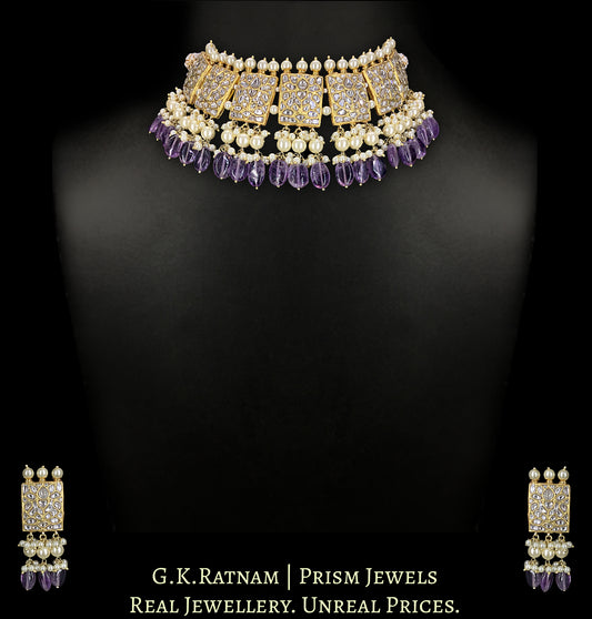 23k Gold and Diamond Polki Choker Necklace Set with Amethysts and Pearls