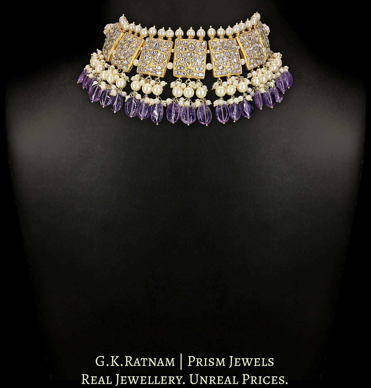 23k Gold and Diamond Polki Choker Necklace Set with Amethysts and Pearls