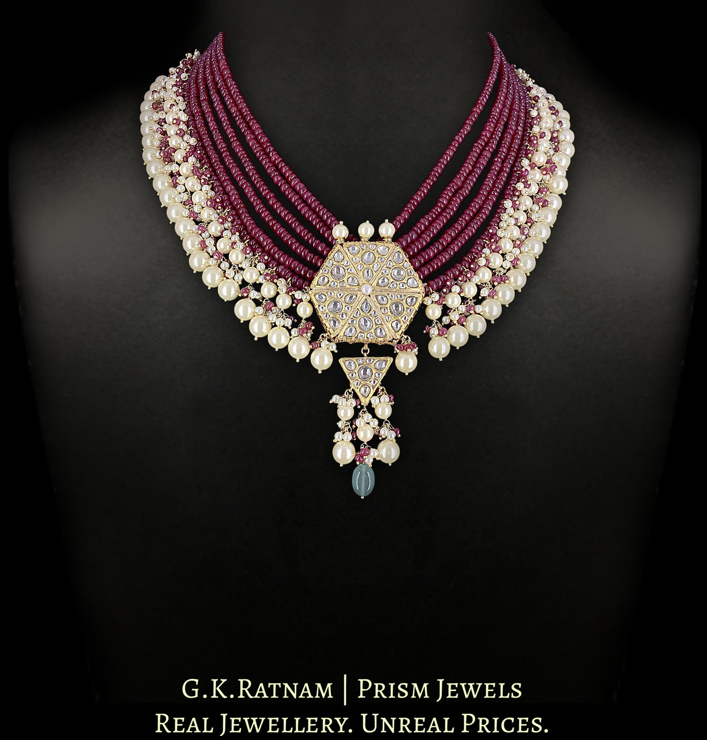 23k Gold and Diamond Polki Pendant Set with Rubies