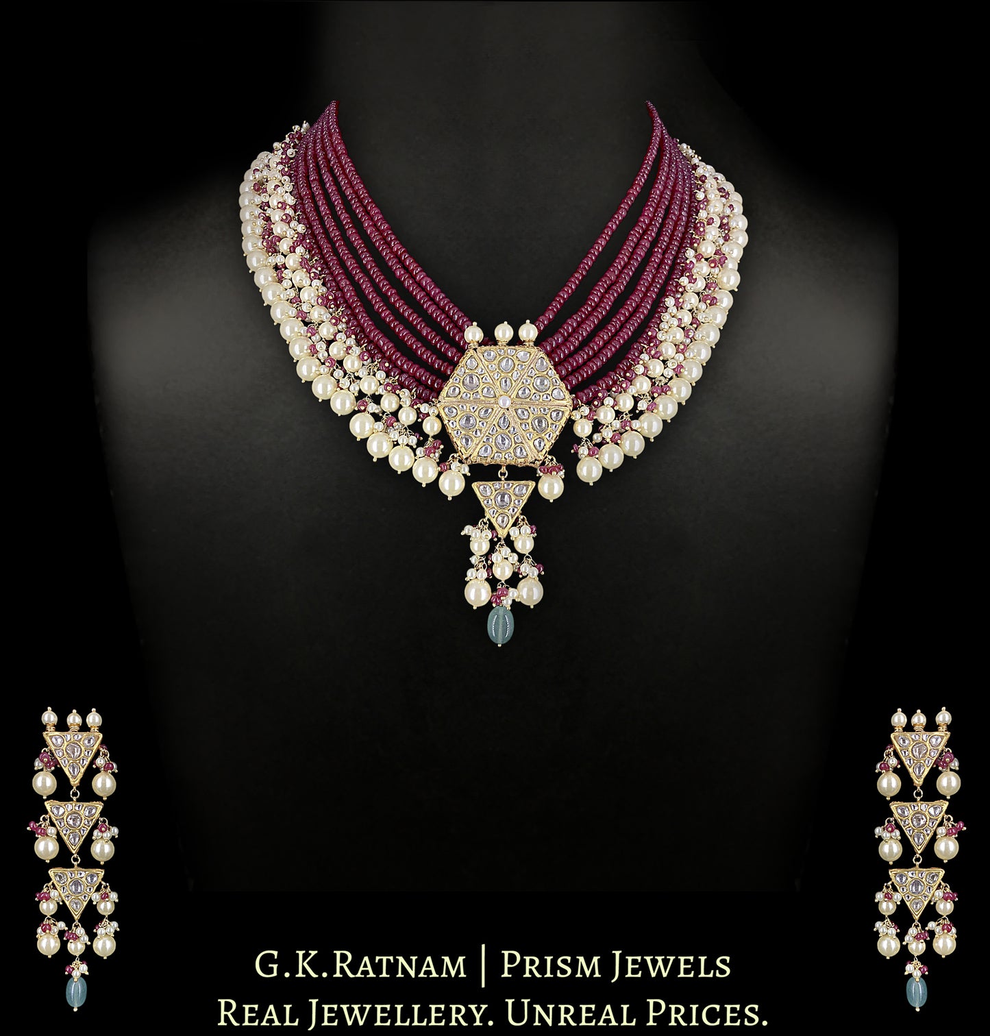 23k Gold and Diamond Polki Pendant Set with Rubies