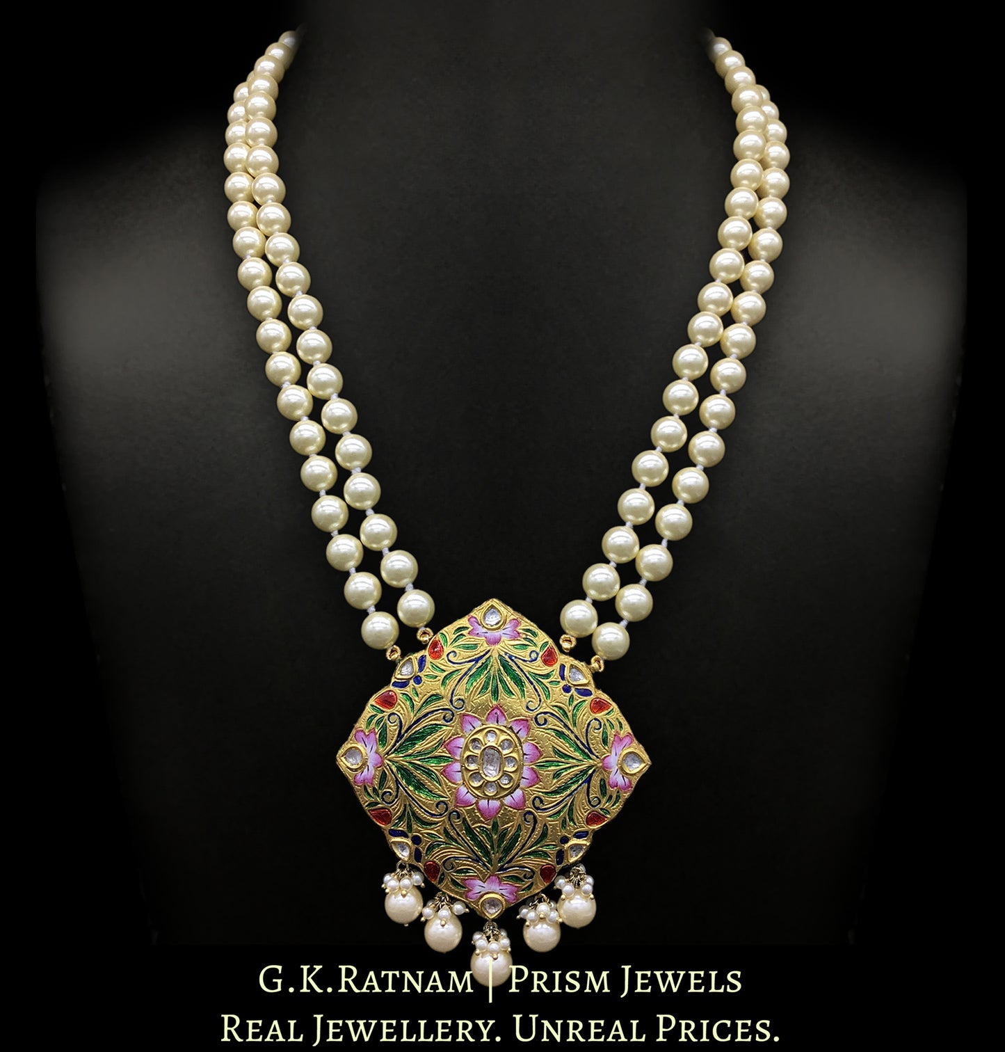 23k Gold and Diamond Polki multi-color designer Pendant with lustrous south-sea-like pearls