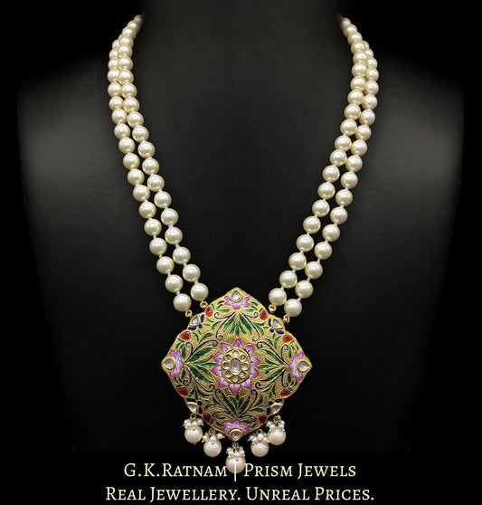 23k Gold and Diamond Polki multi-color designer Pendant with lustrous south-sea-like pearls
