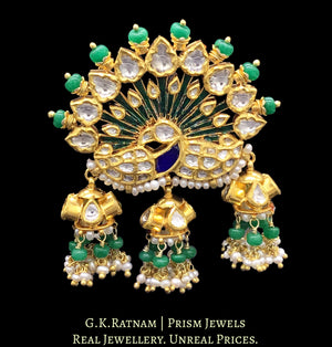 18k Gold and Diamond Polki Peacock Karanphool Earring Pair with small jhumkis strung in emerald-grade green beryls - G. K. Ratnam