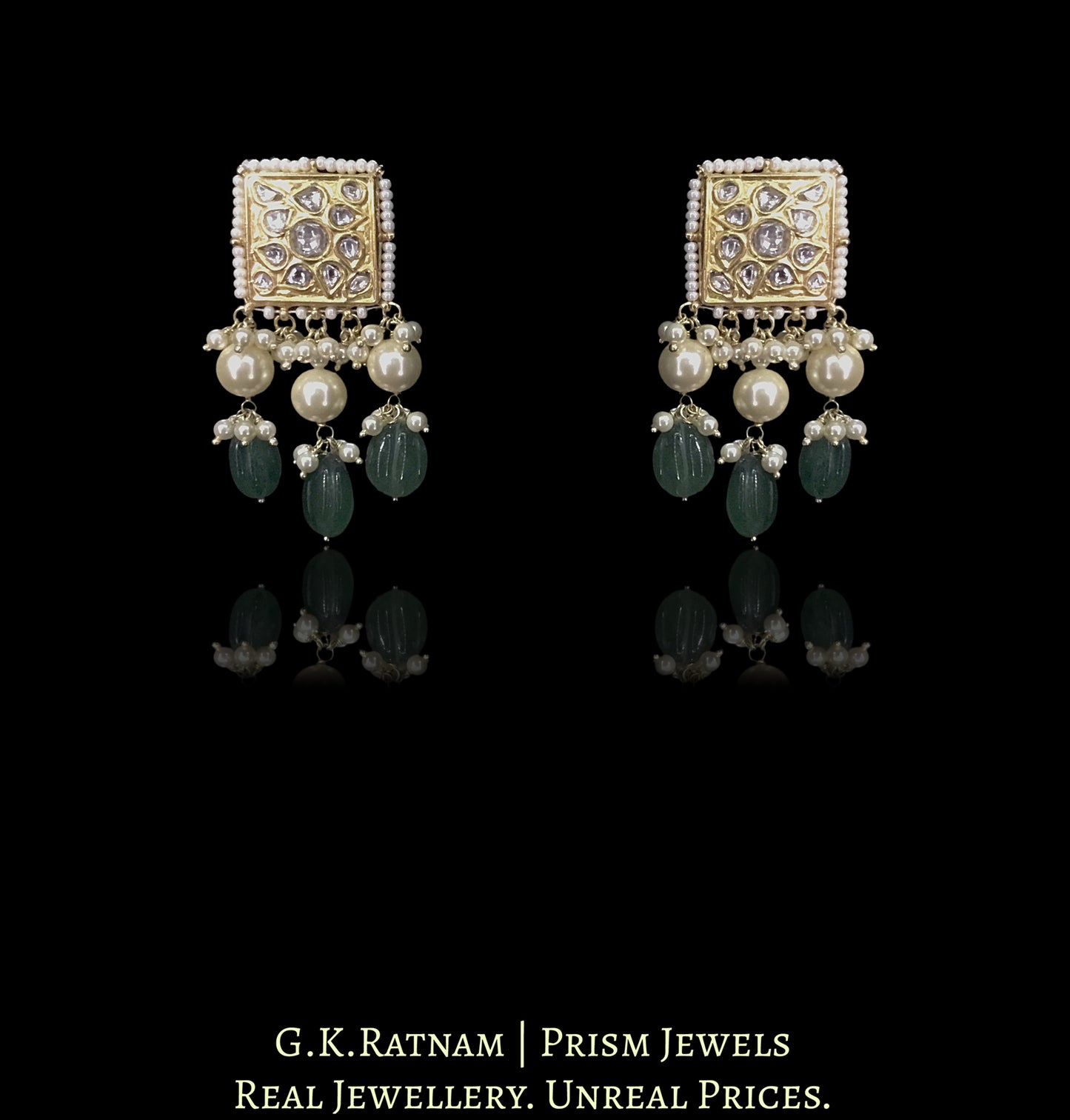 23k Gold and Diamond Polki Long Necklace Set with square motifs strung in Green Strawberry Quartz Melons