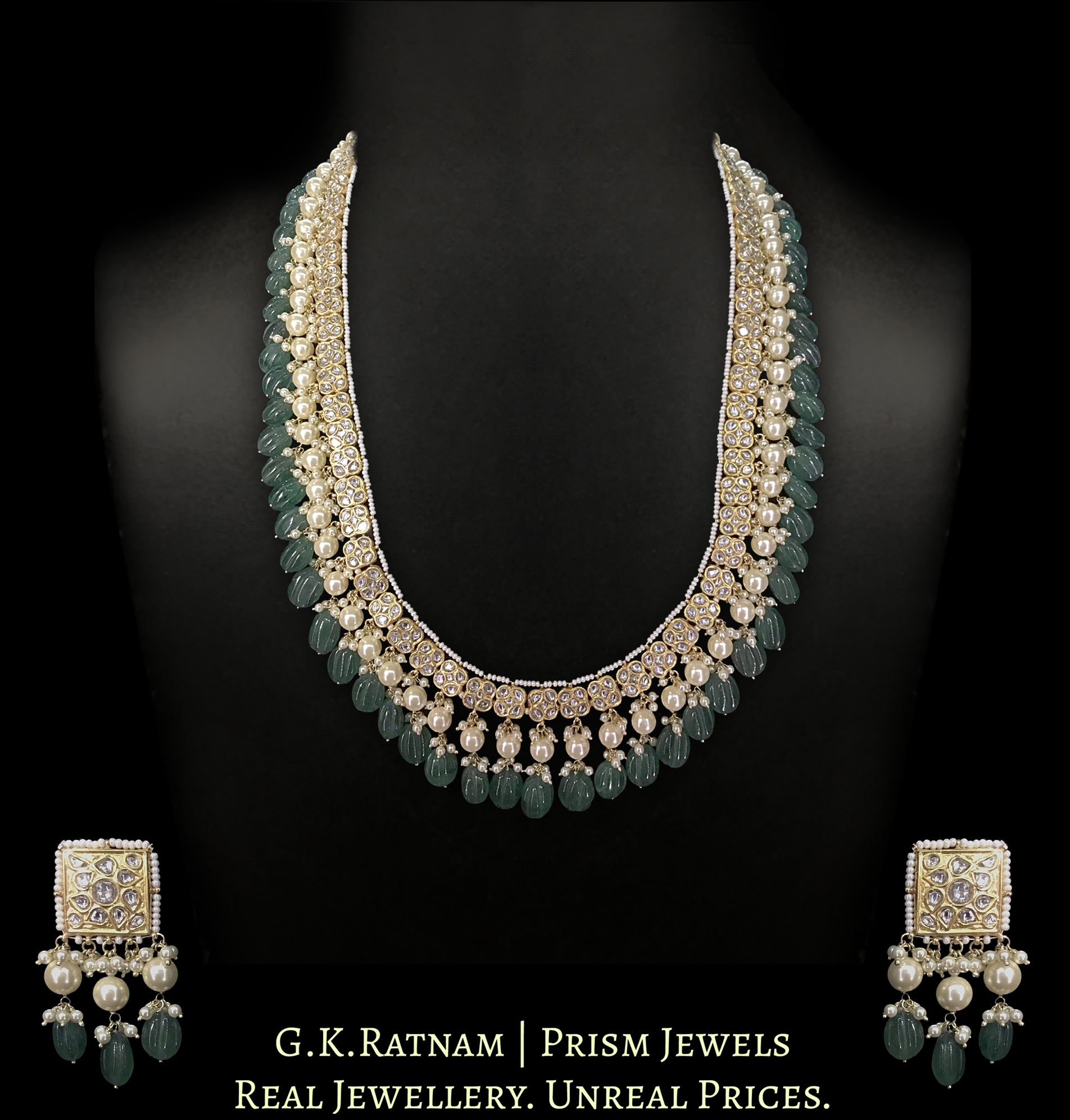 23k Gold and Diamond Polki Long Necklace Set with square motifs strung in Green Strawberry Quartz Melons