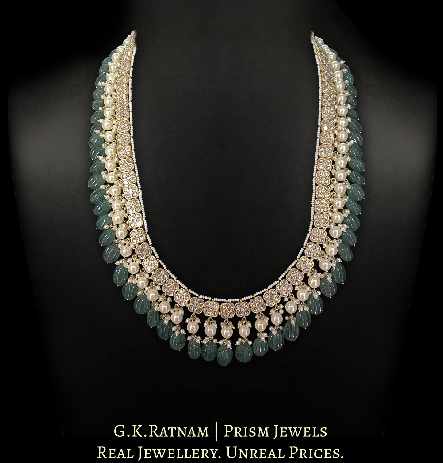 23k Gold and Diamond Polki Long Necklace Set with square motifs strung in Green Strawberry Quartz Melons