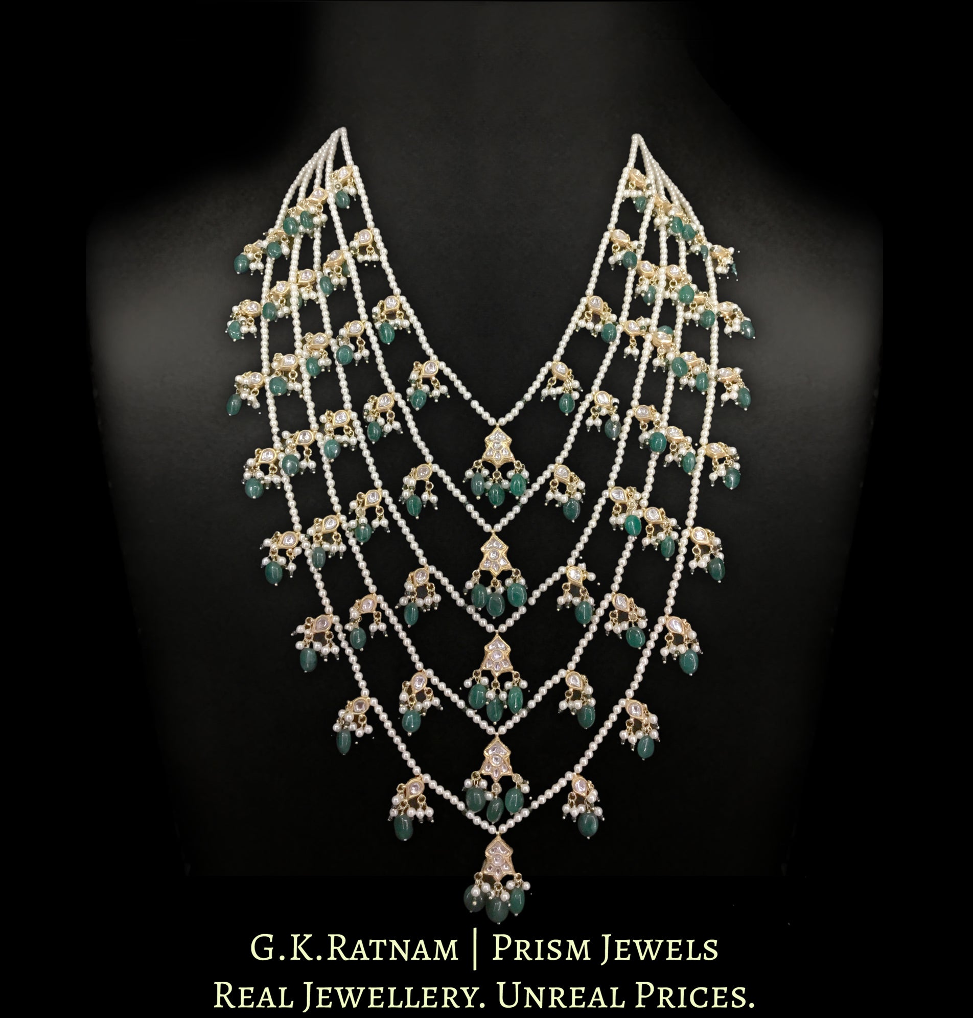 23k Gold and Diamond Polki Panch-Lad (five-row) Necklace with Green Beryls and Pearls