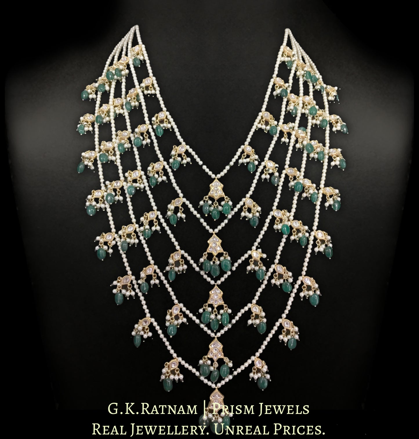 23k Gold and Diamond Polki Panch-Lad (five-row) Necklace with Green Beryls and Pearls