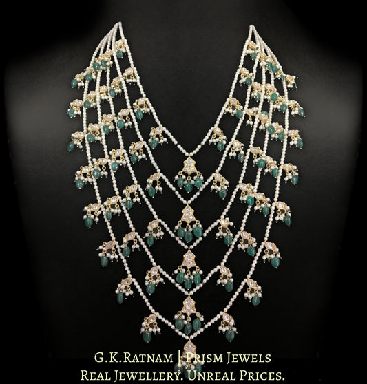 23k Gold and Diamond Polki Panch-Lad (five-row) Necklace with Green Beryls and Pearls