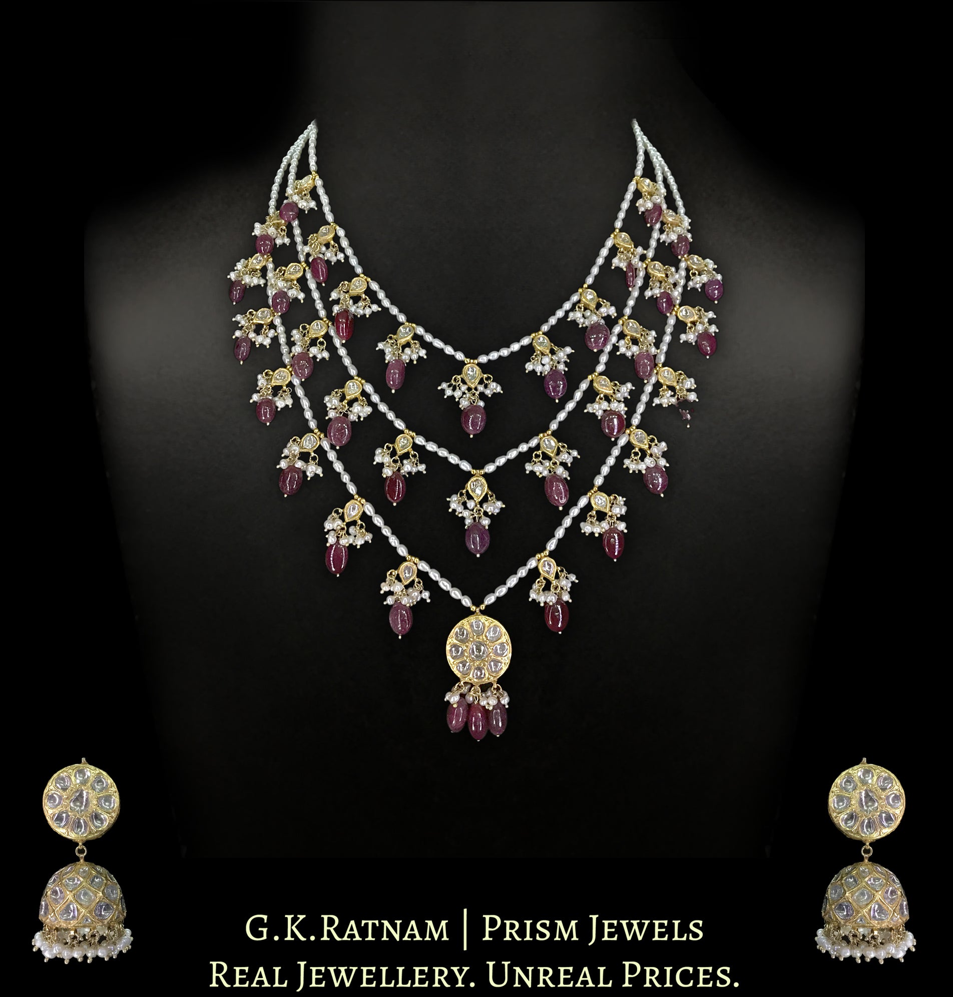 23k Gold and Diamond Polki Teen-Lad (three-row) Necklace Set with Natural Freshwater Rice Pearls and Rubies