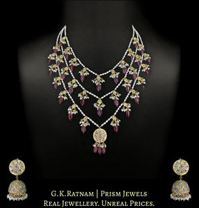 23k Gold and Diamond Polki Teen-Lad (three-row) Necklace Set with Natural Freshwater Rice Pearls and Rubies