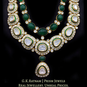 18k Gold and Diamond Polki two-layer Necklace Set with far sized uncuts and emerald-grade green beryls