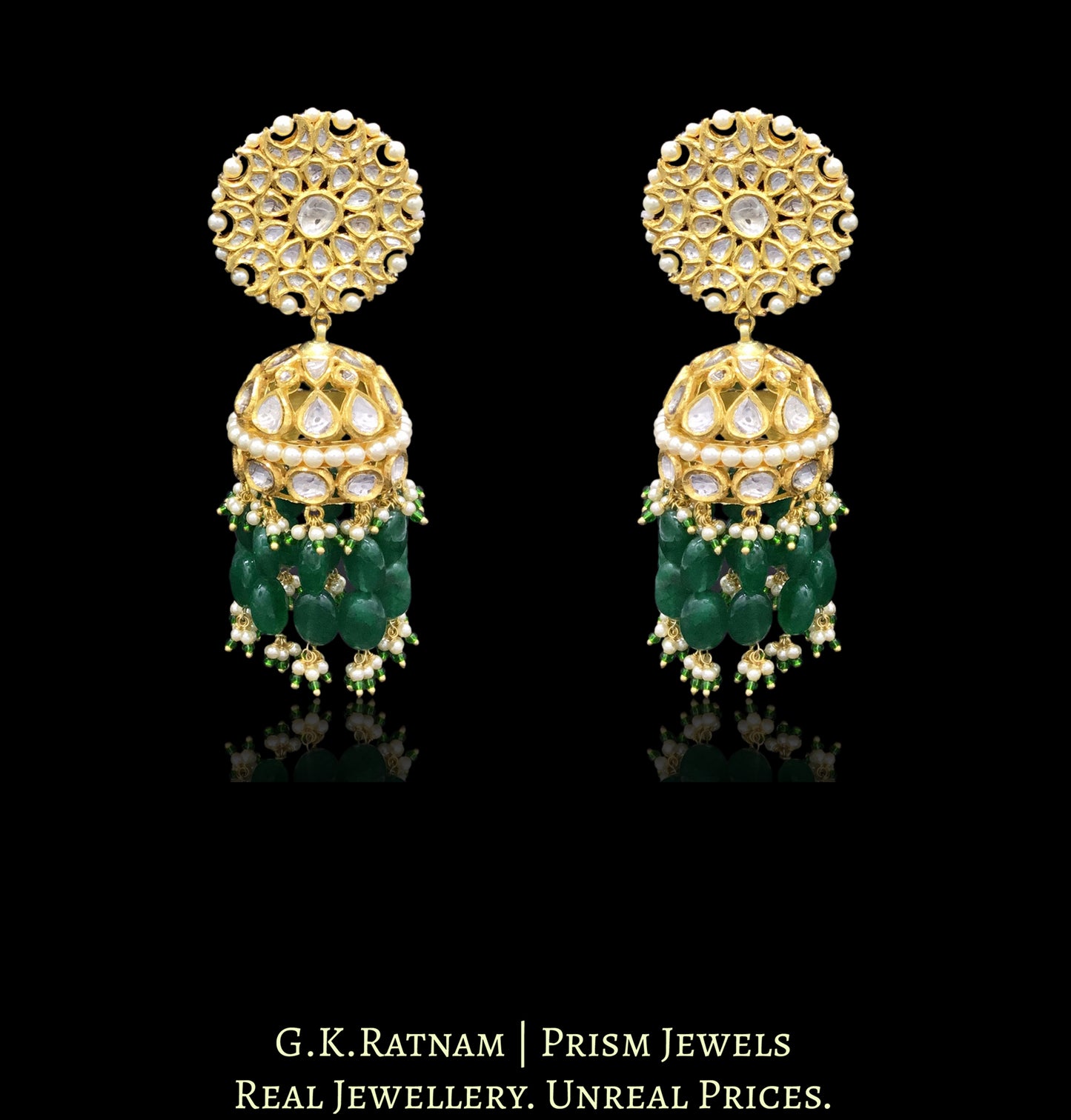 18k Gold and Diamond Polki Karanphool Jhumki Earring Pair with emerald-grade green beryls - G. K. Ratnam