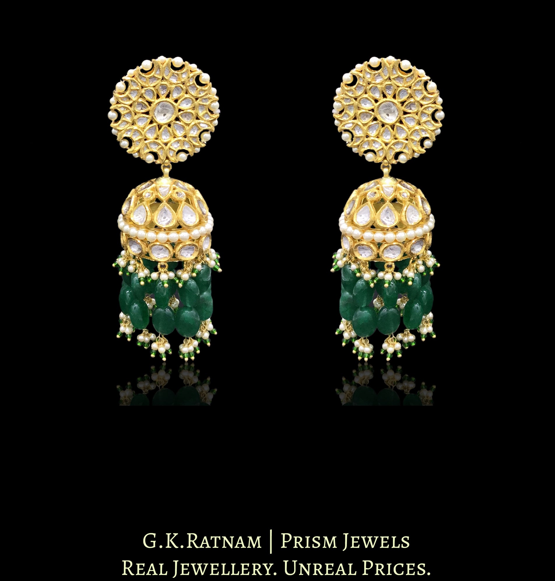 18k Gold and Diamond Polki Karanphool Jhumki Earring Pair with emerald-grade green beryls - G. K. Ratnam