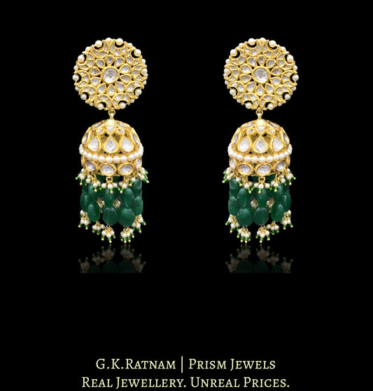 18k Gold and Diamond Polki Karanphool Jhumki Earring Pair with emerald-grade green beryls - G. K. Ratnam