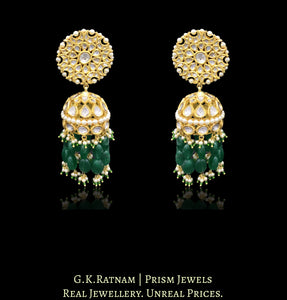 18k Gold and Diamond Polki Karanphool Jhumki Earring Pair with emerald-grade green beryls - G. K. Ratnam