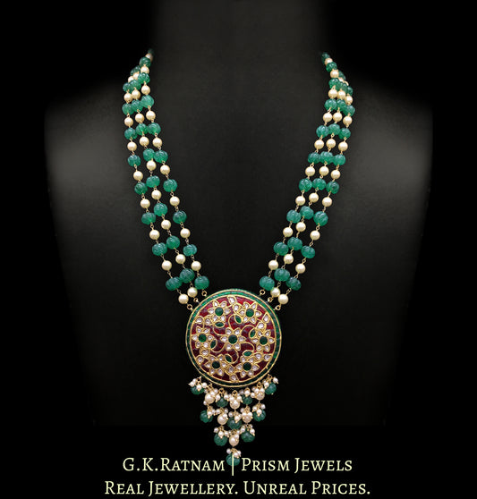 23k Gold and Diamond Polki red-green round Pendant with carved melons and pearls