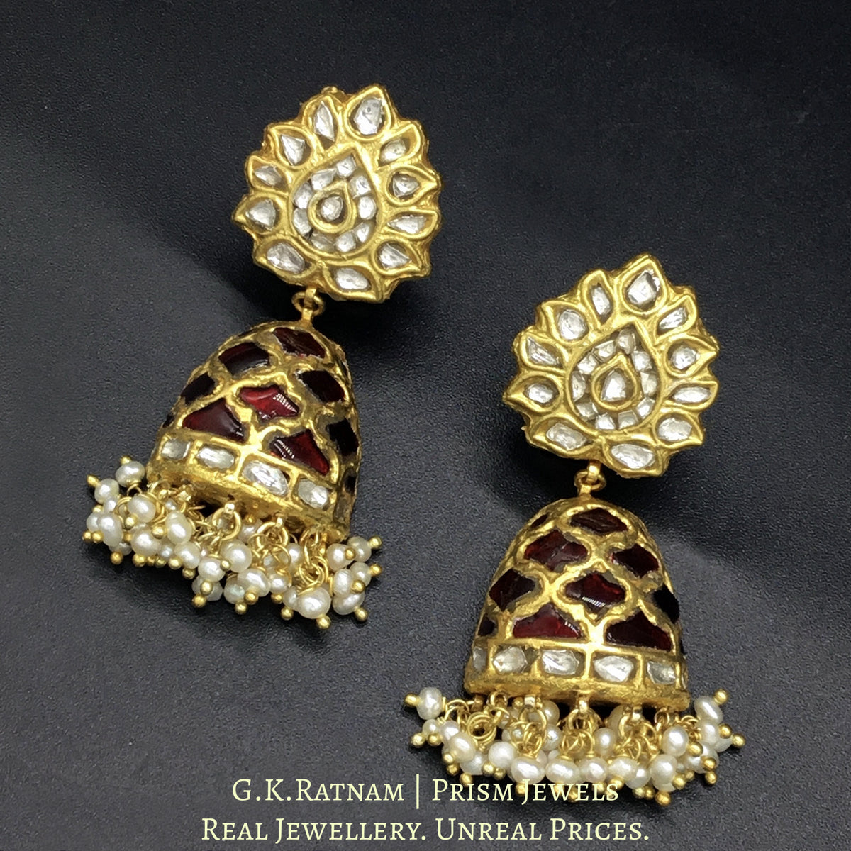 23k Gold and Diamond Polki Half-Jhumki Earring Pair with Lotus Tops – G ...