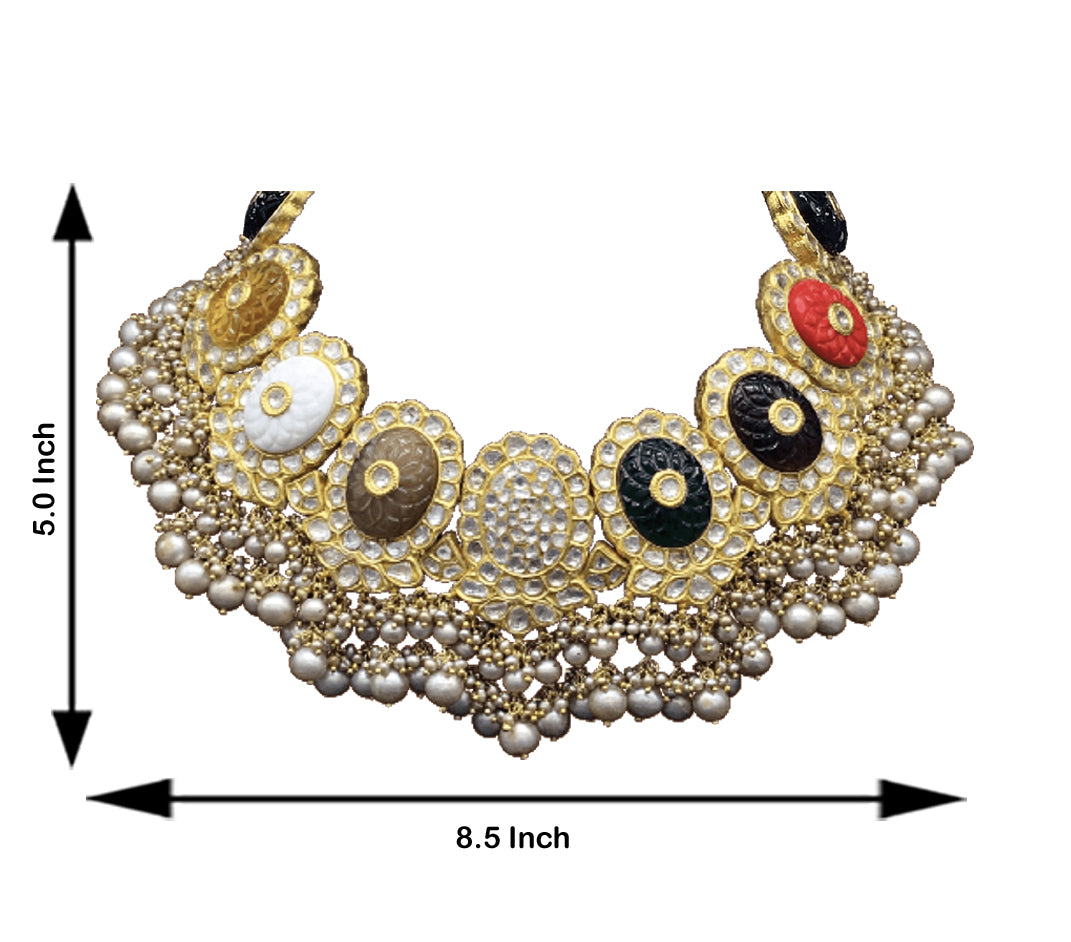 23k Gold and Diamond Polki Navratna Necklace Set with Antiqued Freshwater Pearls