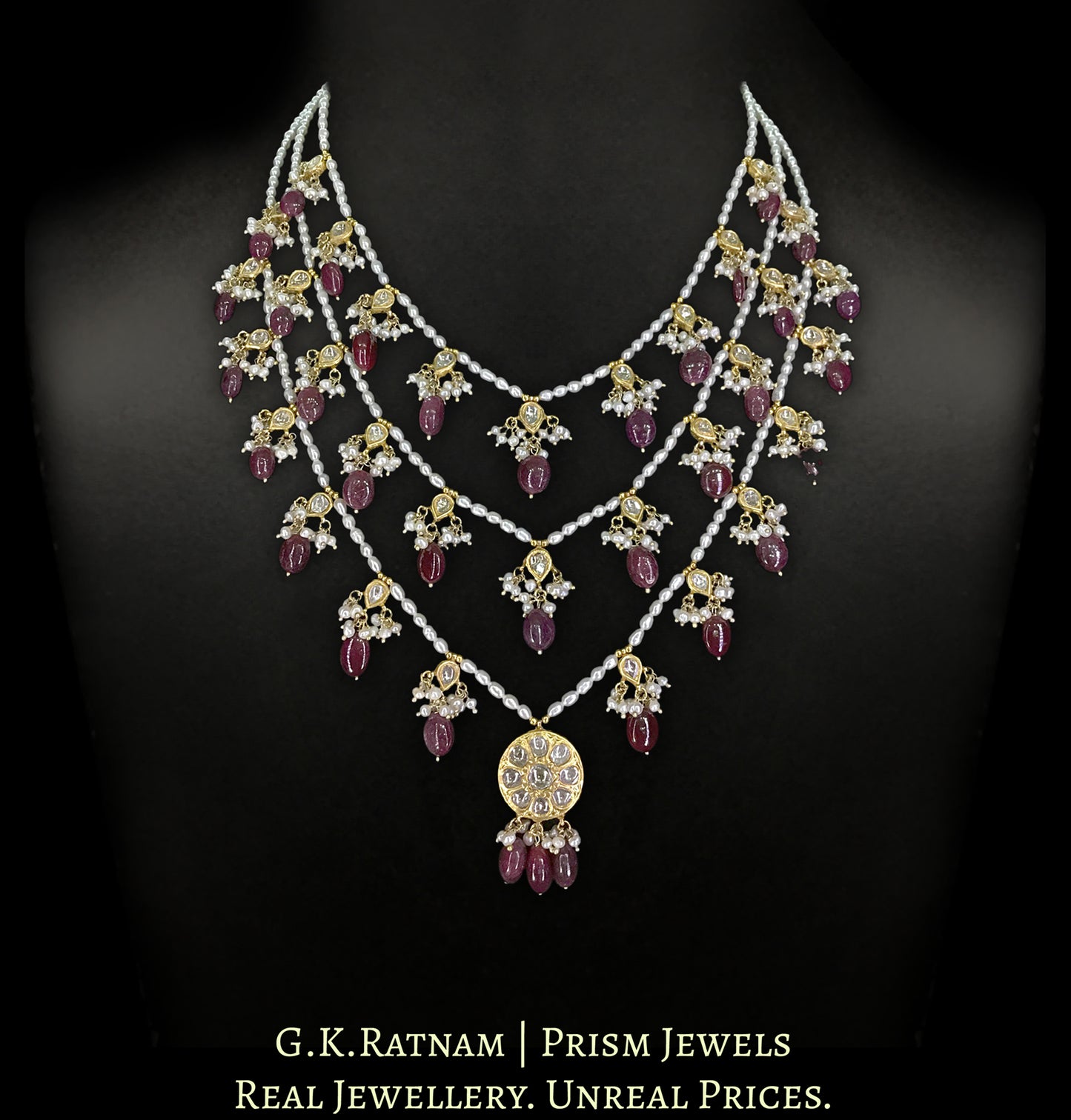 23k Gold and Diamond Polki Teen-Lad (three-row) Necklace Set with Natural Freshwater Rice Pearls and Rubies