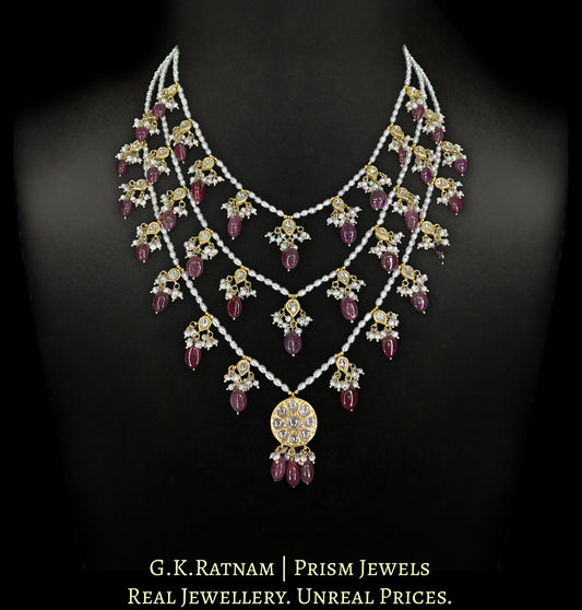 23k Gold and Diamond Polki Teen-Lad (three-row) Necklace Set with Natural Freshwater Rice Pearls and Rubies