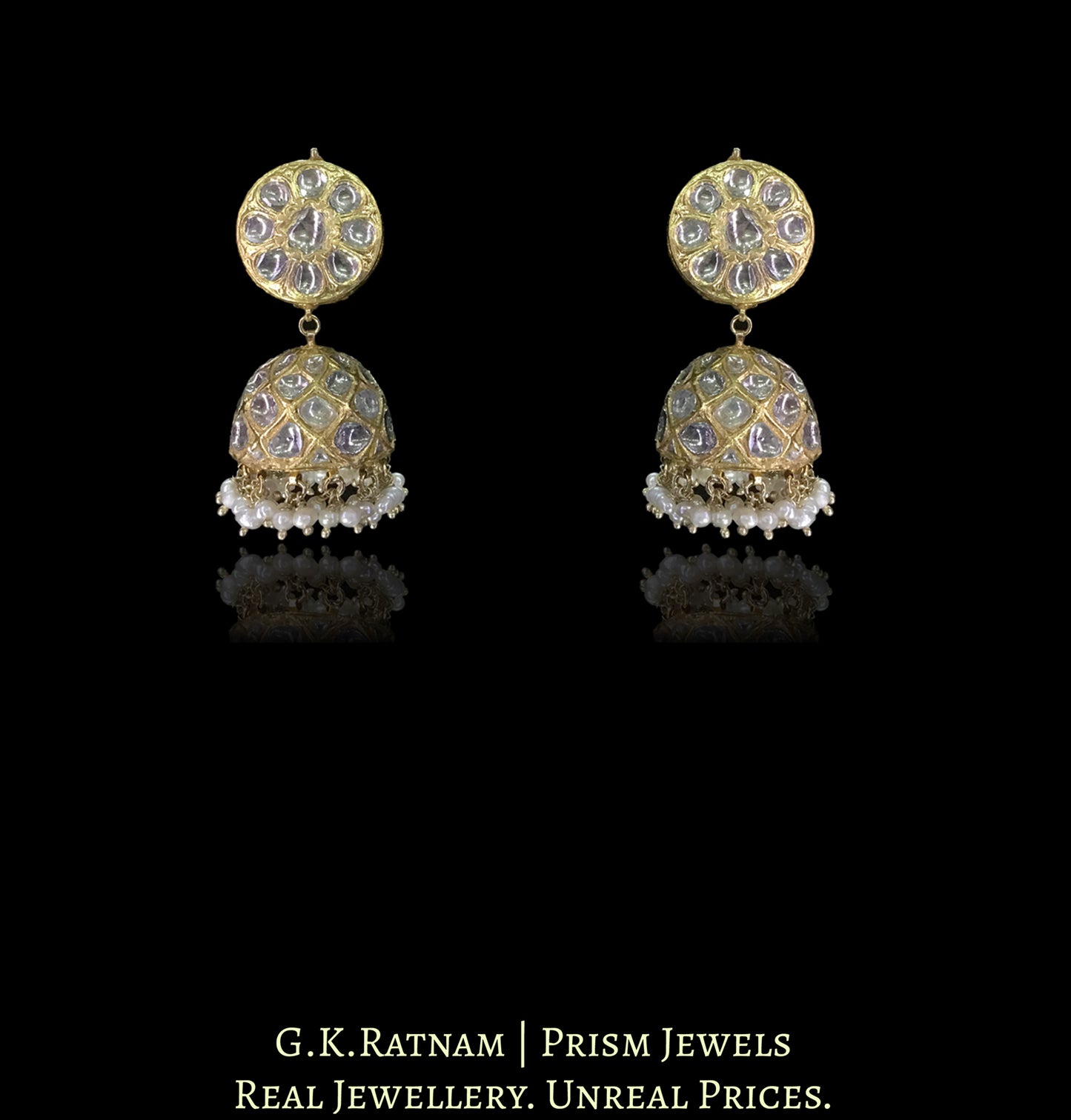23k Gold and Diamond Polki Teen-Lad (three-row) Necklace Set with Natural Freshwater Rice Pearls and Rubies