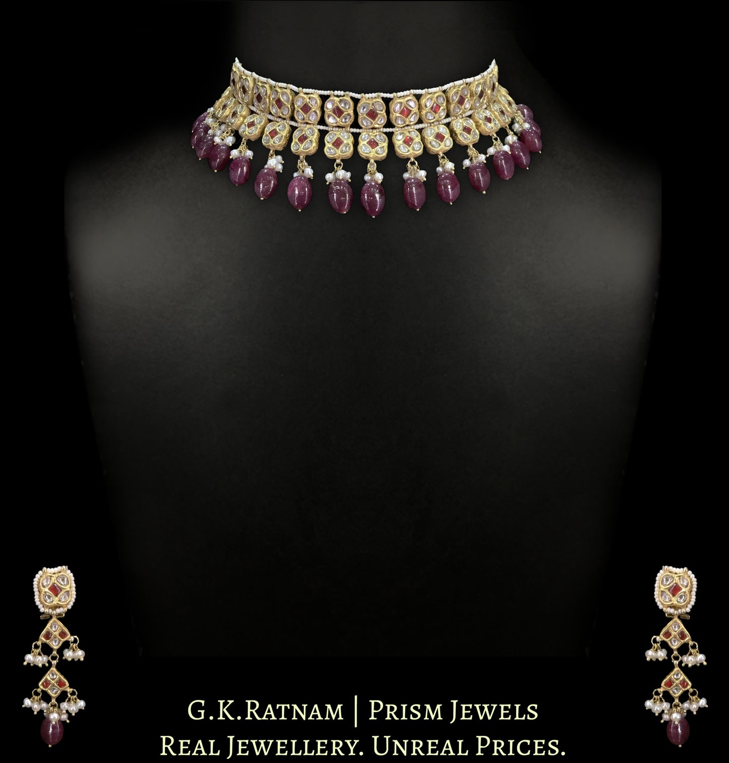 23k Gold and Diamond Polki Necklace Set with Squares