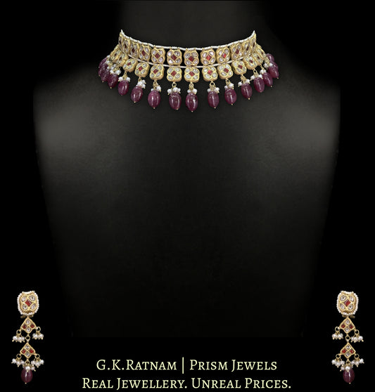 23k Gold and Diamond Polki Necklace Set with Squares - G. K. Ratnam