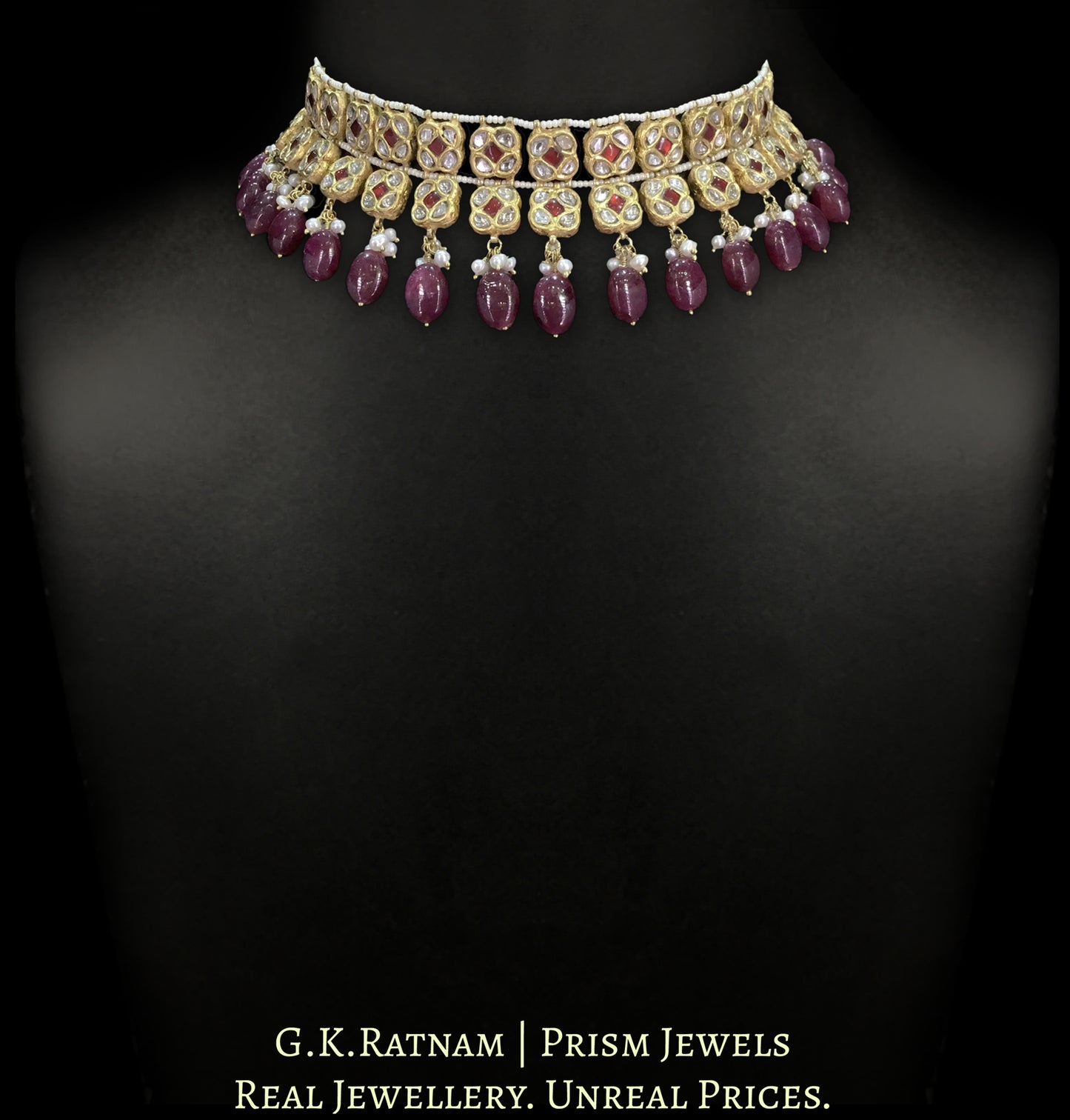 23k Gold and Diamond Polki Necklace Set with Squares
