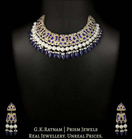23k Gold and Diamond Polki Necklace Set with Blue Sapphires embedded around Uncuts - G. K. Ratnam