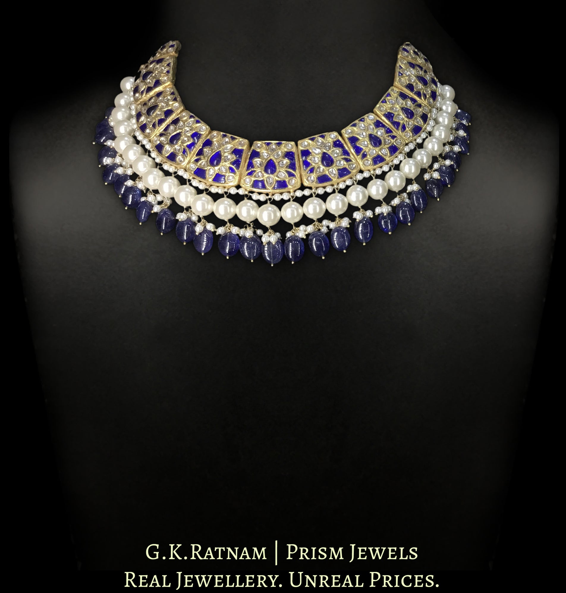 23k Gold and Diamond Polki Necklace Set with Blue Sapphires embedded around Uncuts - G. K. Ratnam